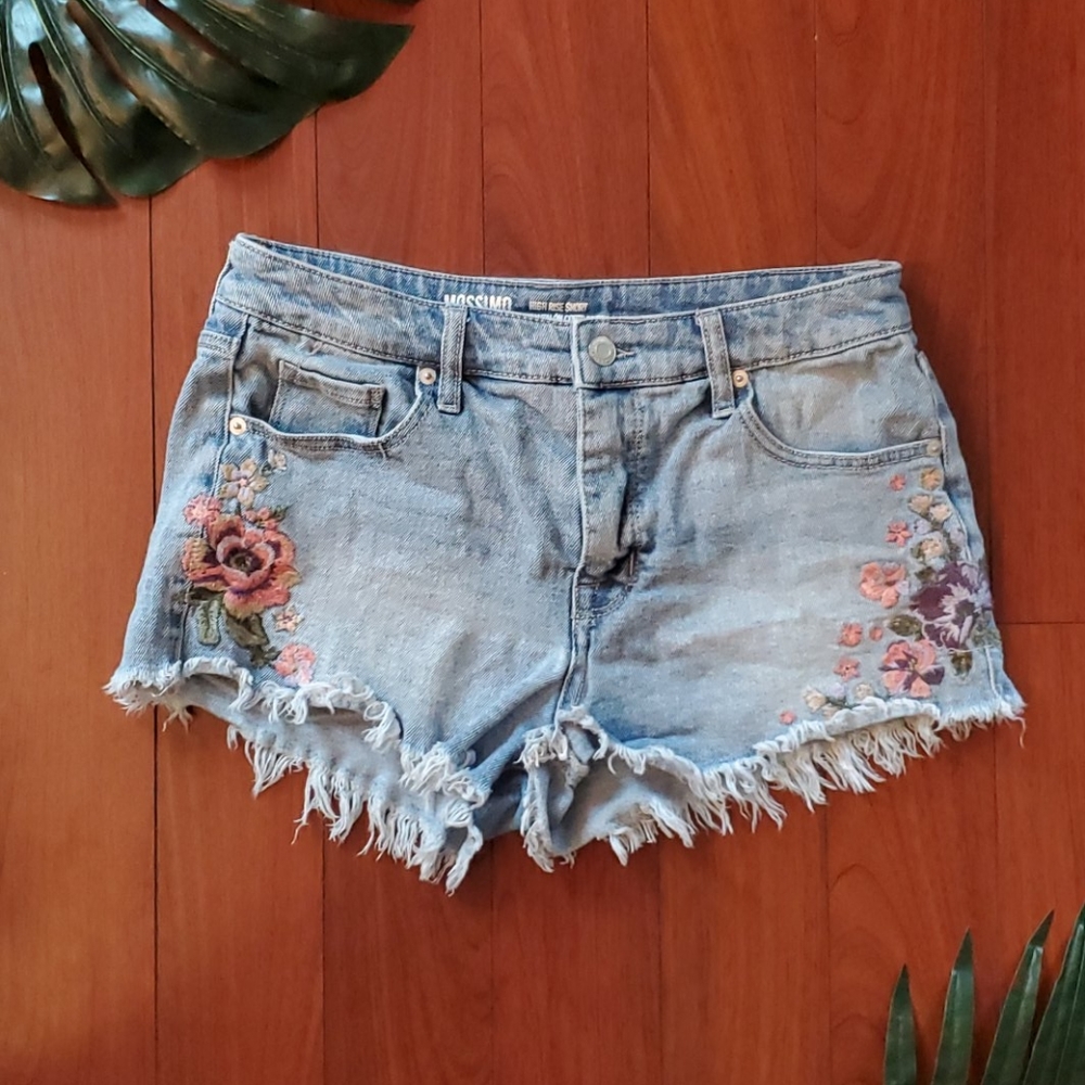 High-Rise Flower Embroidered Denim Shorts